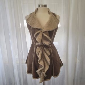 Ryu Anthropologie Faux Suede Sherpa Ruffled Vest size Small